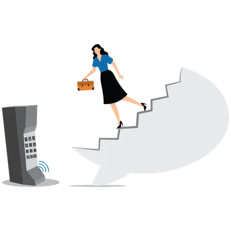 Businesswoman running to the phone to avoid telecom fraud  Illustration