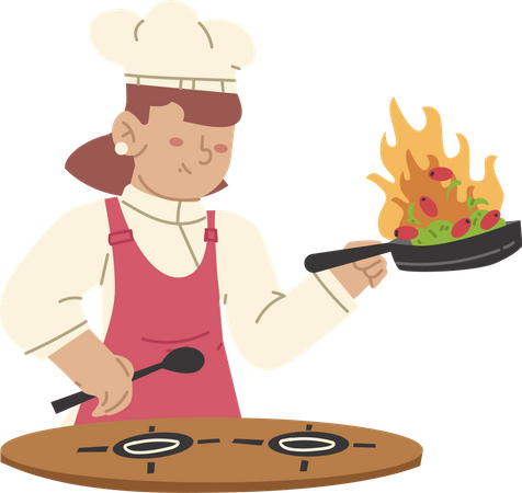 Female chef cooking hot food  Illustration